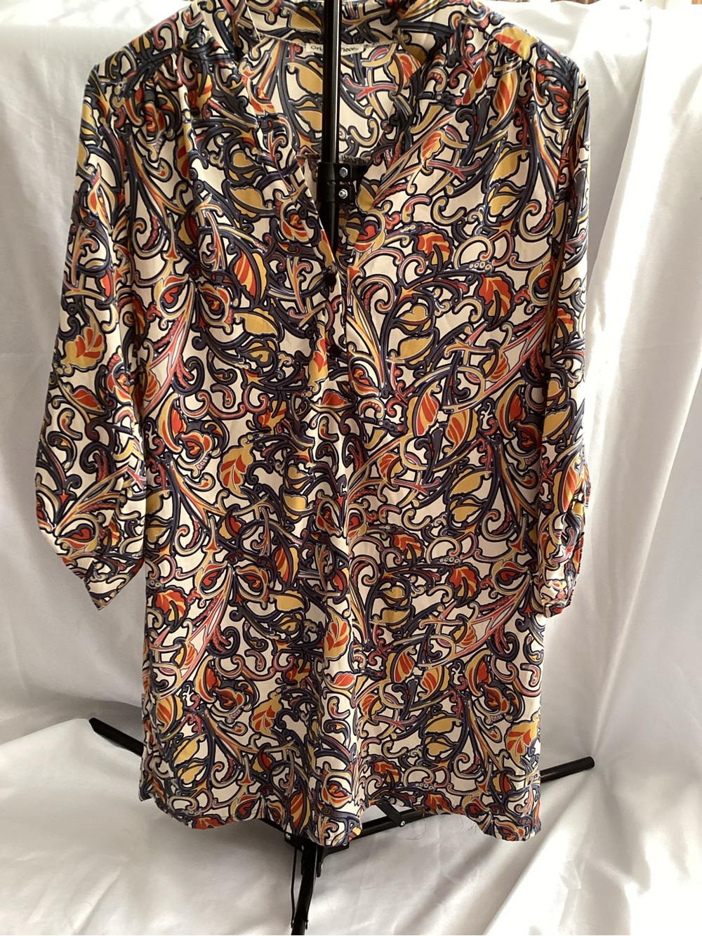 Women's Casual Button-Down Shirt Dress in Cream with Orange & Navy Print